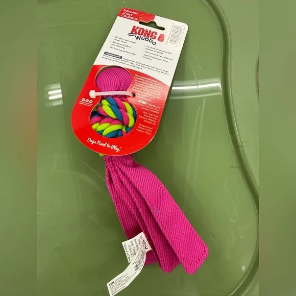 Small Kong Wubba Tug Toy in Bright Pink with Multicolor Braided Knot - Picture 4 of 4